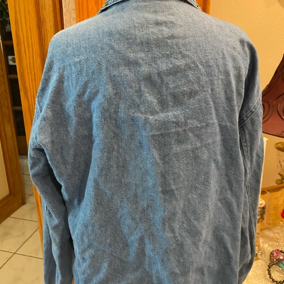 Jean jacket by Outbrook size ladies Small 24” long 23” armpit to armpit - Picture 8 of 13